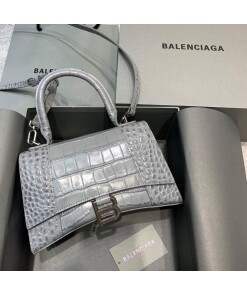 Replica Balenciaga 593546 Hourglass Small Top Handle Crocodile Bag Gray Silver