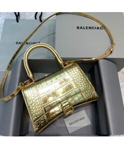 Replica Balenciaga 593546 Hourglass Small Top Handle Crocodile Bag Gold
