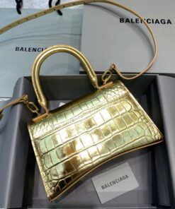 Replica Balenciaga 593546 Hourglass Small Top Handle Crocodile Bag Gold 2