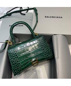 Replica Balenciaga 593546 Hourglass Small Top Handle Crocodile Bag Dark Green Gold