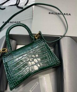 Replica Balenciaga 593546 Hourglass Small Top Handle Crocodile Bag Dark Green Gold 2