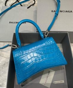 Replica Balenciaga 593546 Hourglass Small Top Handle Crocodile Bag Blue Silver 2