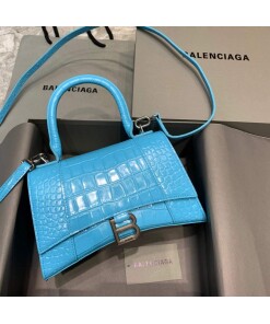 Replica Balenciaga 593546 Hourglass Small Top Handle Crocodile Bag Blue Silver