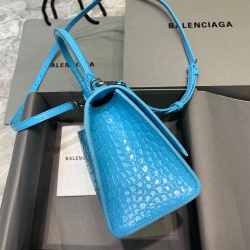 Replica Balenciaga 593546 Hourglass Small Top Handle Crocodile Bag Blue Silver 3