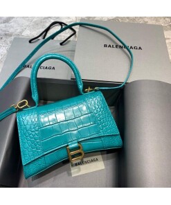 Replica Balenciaga 593546 Hourglass Small Top Handle Crocodile Bag Blue Gold