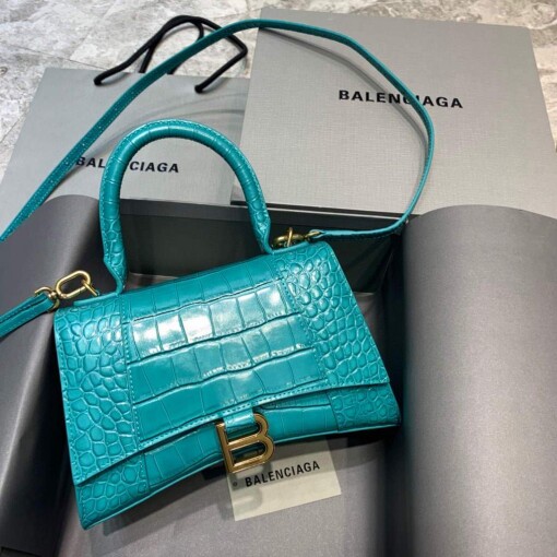 Replica Balenciaga 593546 Hourglass Small Top Handle Crocodile Bag Blue Gold