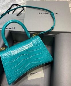 Replica Balenciaga 593546 Hourglass Small Top Handle Crocodile Bag Blue Gold 2