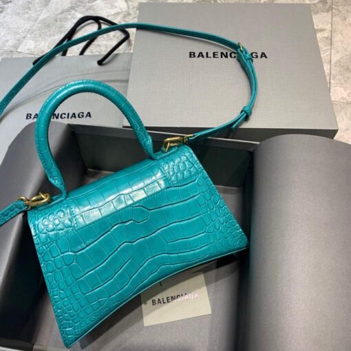 Replica Balenciaga 593546 Hourglass Small Top Handle Crocodile Bag Blue Gold 2