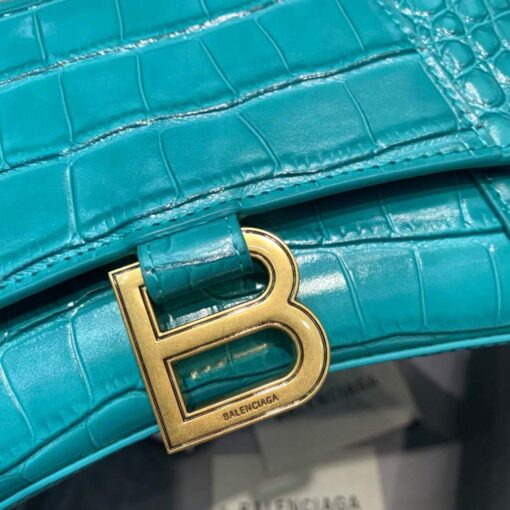 Replica Balenciaga 593546 Hourglass Small Top Handle Crocodile Bag Blue Gold 5