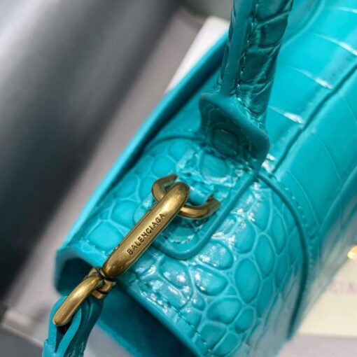 Replica Balenciaga 593546 Hourglass Small Top Handle Crocodile Bag Blue Gold 6