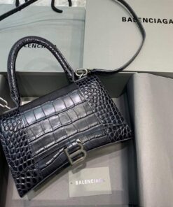 Replica Balenciaga 593546 Hourglass Small Top Handle Crocodile Bag Black Silver