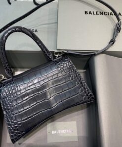 Replica Balenciaga 593546 Hourglass Small Top Handle Crocodile Bag Black Silver 2