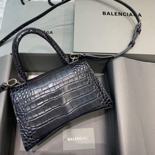 Replica Balenciaga 593546 Hourglass Small Top Handle Crocodile Bag Black Silver 2