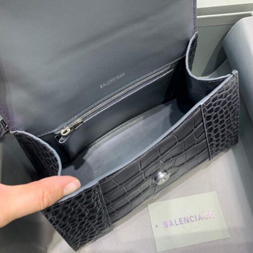 Replica Balenciaga 593546 Hourglass Small Top Handle Crocodile Bag Black Silver 7