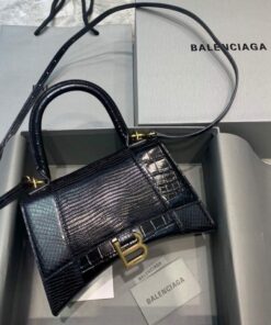 Replica Balenciaga 593546 Hourglass Small Top Handle Crocodile Bag Black Gold