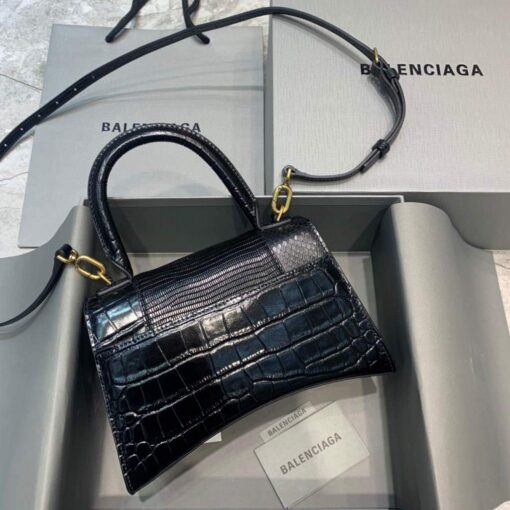 Replica Balenciaga 593546 Hourglass Small Top Handle Crocodile Bag Black Gold 2