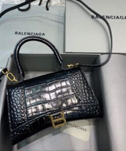 Replica Balenciaga 593546 Hourglass Small Top Handle Crocodile Bag Black Gold