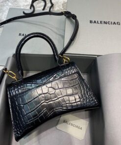 Replica Balenciaga 593546 Hourglass Small Top Handle Crocodile Bag Black Gold 2
