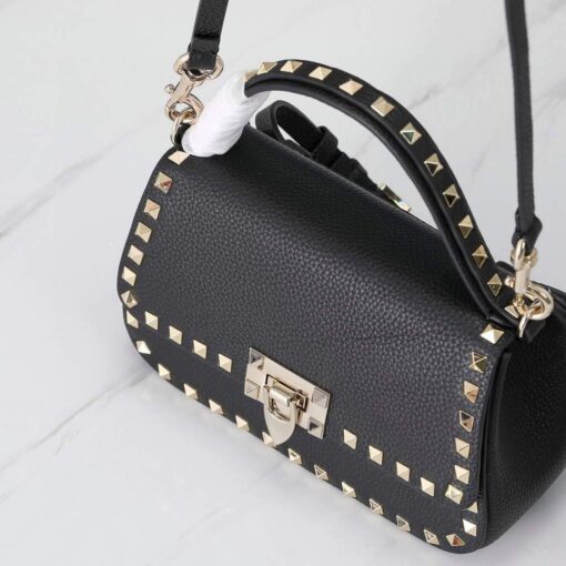 Replica Valentino 2B0I52 Small Rockstud Grainy Calfskin Handbag 2025S Black 7