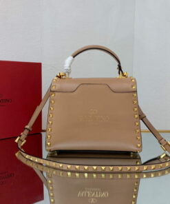 Replica Valentino 71000 Small Rockstud Alcove Handbag In Grainy Calfskin XW2B0J71 Apricot 2