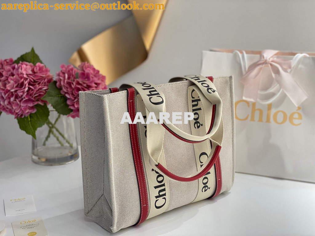 Replica Chloe 383E66616 Medium Woody Tote Bag in Cotton Canvas Red 3 Replica Chloe 383E66616 Medium Woody Tote Bag in Cotton Canvas Red 3