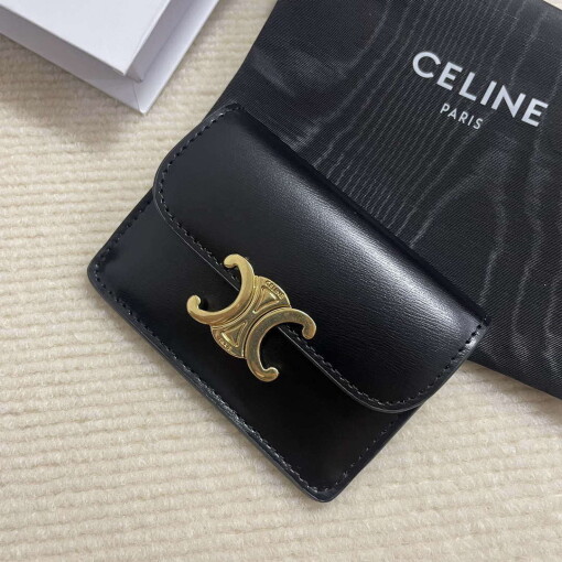 Replica Celine 10I583 Card Holder With Flap Triomphe In Shiny Calfskin Black