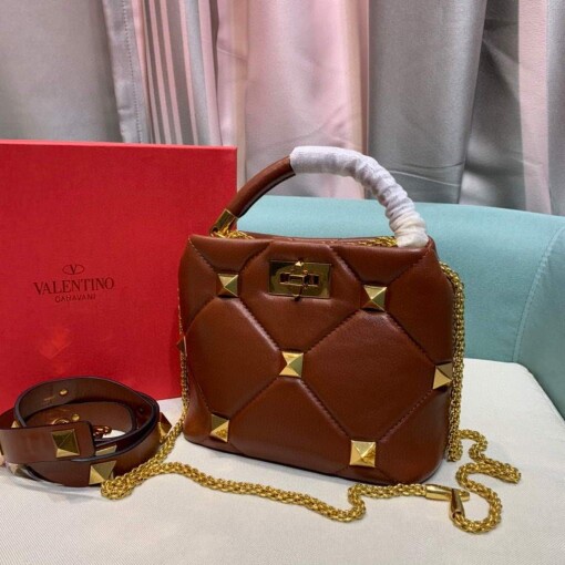 Replica Valentino 0097S Small Roman Stud The Handle Bag In Nappa Brown