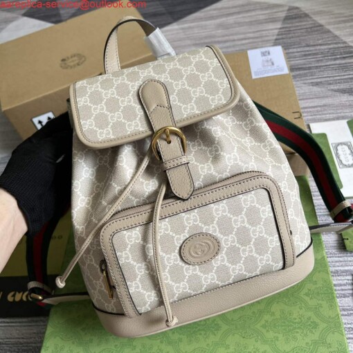 Replica Gucci 674147 Backpack with Interlocking G Beige and white 3