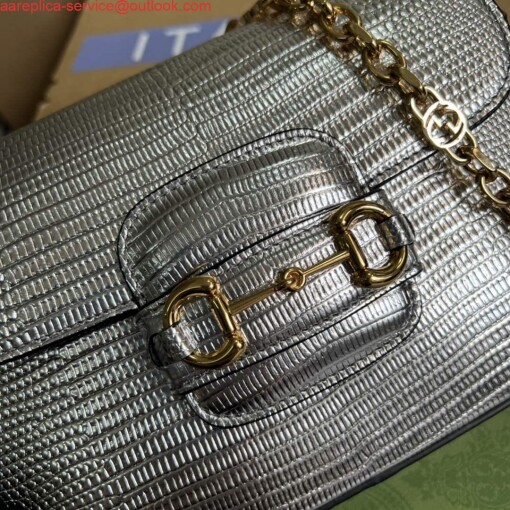 Replica Gucci 675801 Horsebit 1955 lizard mini bag silver leather 4