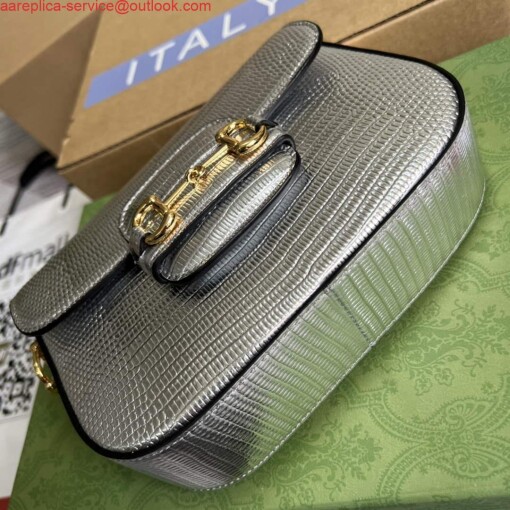 Replica Gucci 675801 Horsebit 1955 lizard mini bag silver leather 6