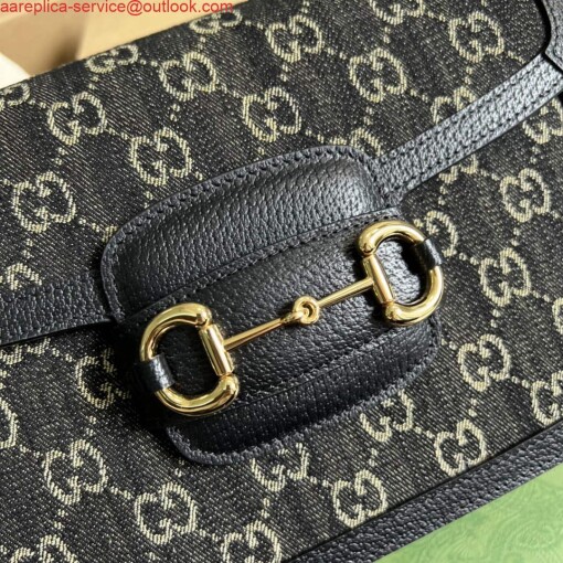 Replica Gucci Horsebit 1955 shoulder bag 602204 Black and ivory GG denim jacquard 4