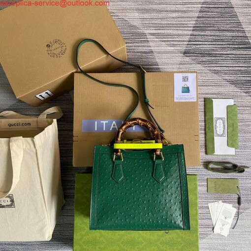Replica Gucci Diana Small Tote Bag Ostrich Top Handle Bag 660195 Green