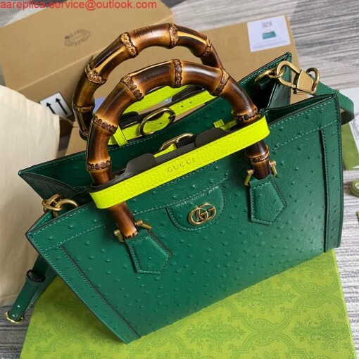 Replica Gucci Diana Small Tote Bag Ostrich Top Handle Bag 660195 Green 3