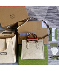Replica Gucci Diana Small Tote Bag Ostrich Top Handle Bag 660195 Beige
