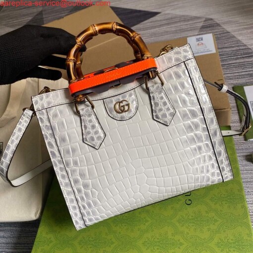 Replica Gucci Diana Small Tote Bag Crocodile Top Handle Bag 660195 White 4