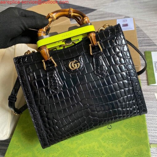 Replica Gucci Diana Small Tote Bag Crocodile Top Handle Bag 660195 Black 3