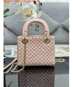 Replica Dior M0505 Mini Lady Bag Metallic Cannage Lambskin Embroidery plum blossom beads Pink