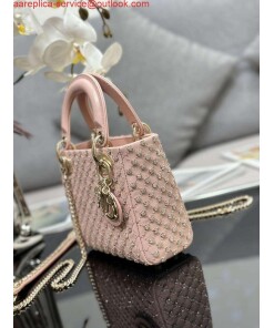 Replica Dior M0505 Mini Lady Bag Metallic Cannage Lambskin Embroidery plum blossom beads Pink 2