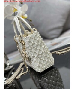Replica Dior M0505 Mini Lady Bag White Embroidered half pearl 2