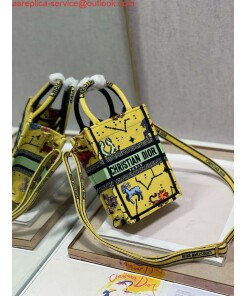 Replica Dior S5555 Mini Dior Book Tote Phone Bag Yellow multicolor Deer embroidery S1106