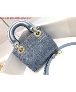 Replica Dior S0856 MICRO LADY DIOR BAG Horizon Blue Metallic Cannage Lambskin Embroidered with Beads