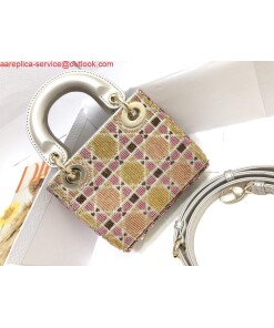 Replica Dior S0856 MICRO LADY DIOR BAG Horizon Yellow and Pink Metallic Cannage Lambskin Embroidered with Beads