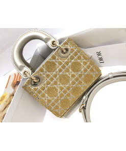 Replica Dior S0856 MICRO LADY DIOR BAG Horizon Yellow Metallic Cannage Lambskin Embroidered with Beads