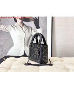Replica Dior Mini Dior Lady Bag Navy Black Metallic Cannage Lambskin with Beaded Embroidery M0505 Black