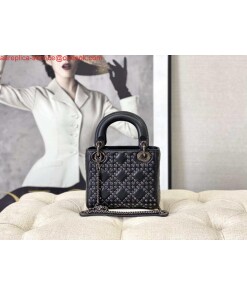 Replica Dior Mini Dior Lady Bag Navy Black Metallic Cannage Lambskin with Beaded Embroidery M0505 Black 2