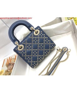 Replica Dior M0505 Mini Dior Lady Bag Navy Blue Metallic Cannage Lambskin with Beaded Embroidery