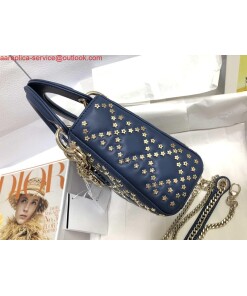 Replica Dior M0505 Mini Dior Lady Bag Navy Blue Metallic Cannage Lambskin with Beaded Embroidery 2