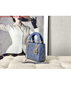 Replica Dior M0505 Mini Dior Lady Bag Blue Metallic Cannage Lambskin with Beaded Embroidery