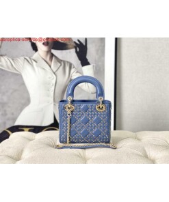 Replica Dior M0505 Mini Dior Lady Bag Blue Metallic Cannage Lambskin with Beaded Embroidery 2