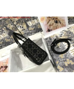 Replica Dior M0505 Mini Dior Lady Bag Black Metallic Cannage Lambskin with Beaded Embroidery 2